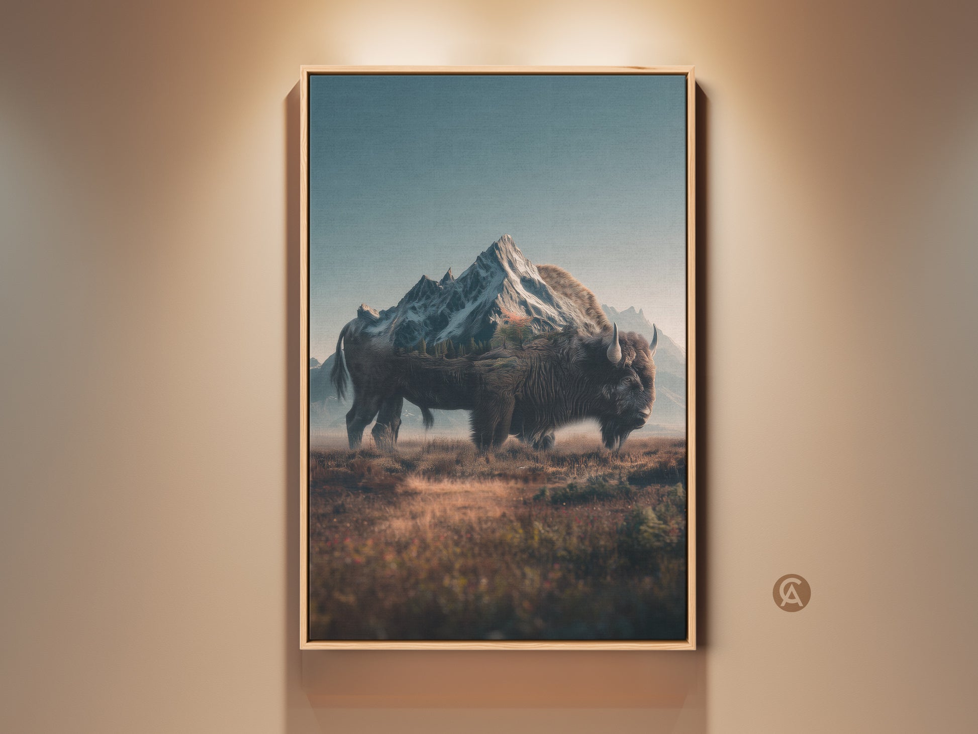 Framed bison and mountain artwork is displayed on a beige wall. The artwork captures a majestic bison with a mountain range on its back. The frame is a natural wood color. The art is illuminated by warm lighting creating a cozy atmosphere.
