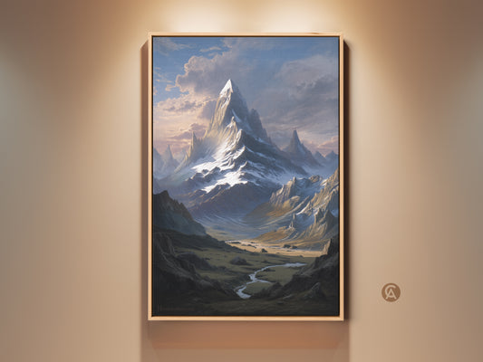 Realistic snowy mountain landscape art print displayed in a contemporary setting. The river valley nature view is perfect home decor for outdoor lovers. The alpine peak canvas brings nature indoors.