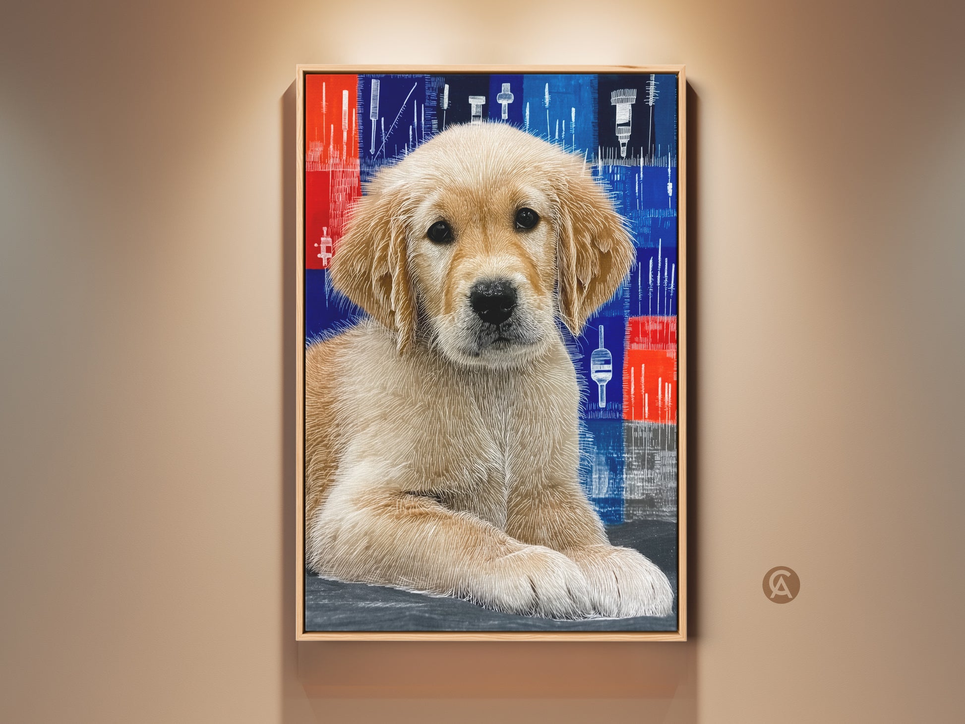 Abstract Golden Retriever puppy art framed in a warm beige setting. This modern canvas art features a blue and red background that enhances the puppy's charming portrait. This artwork is a perfect gift for dog lovers adding a touch of contemporary style to any room.