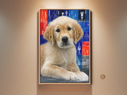 Abstract Golden Retriever puppy art framed in a warm beige setting. This modern canvas art features a blue and red background that enhances the puppy's charming portrait. This artwork is a perfect gift for dog lovers adding a touch of contemporary style to any room.