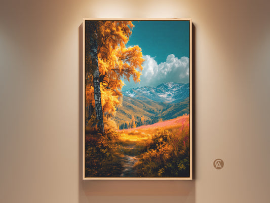 Gallery artwork featuring a golden autumn landscape. The birch tree steals the show with its vibrant foliage. Distant snow-capped mountains add depth. A serene path invites viewers into this captivating scene. Perfect wall art to bring nature indoors.