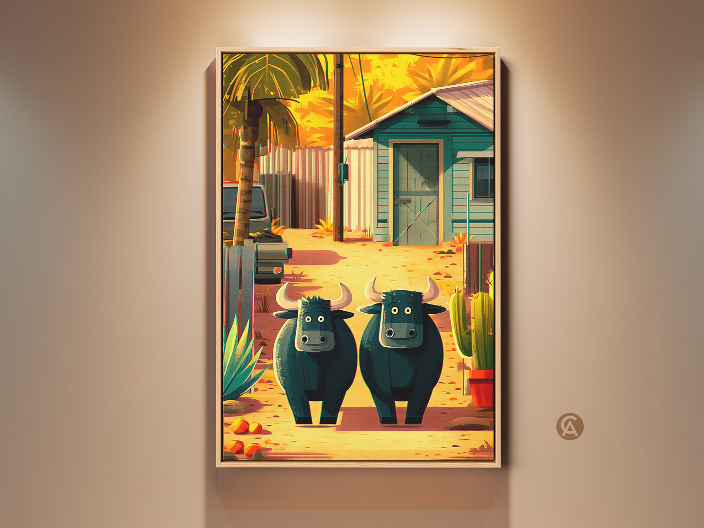 This farmhouse buffalo art print features a whimsical illustration. It shows two cartoon buffalo with cacti and a palm tree in a sunny rural scene. Perfect eclectic home decor for animal lovers. This cute animal wall artwork blends yellow orange and teal.