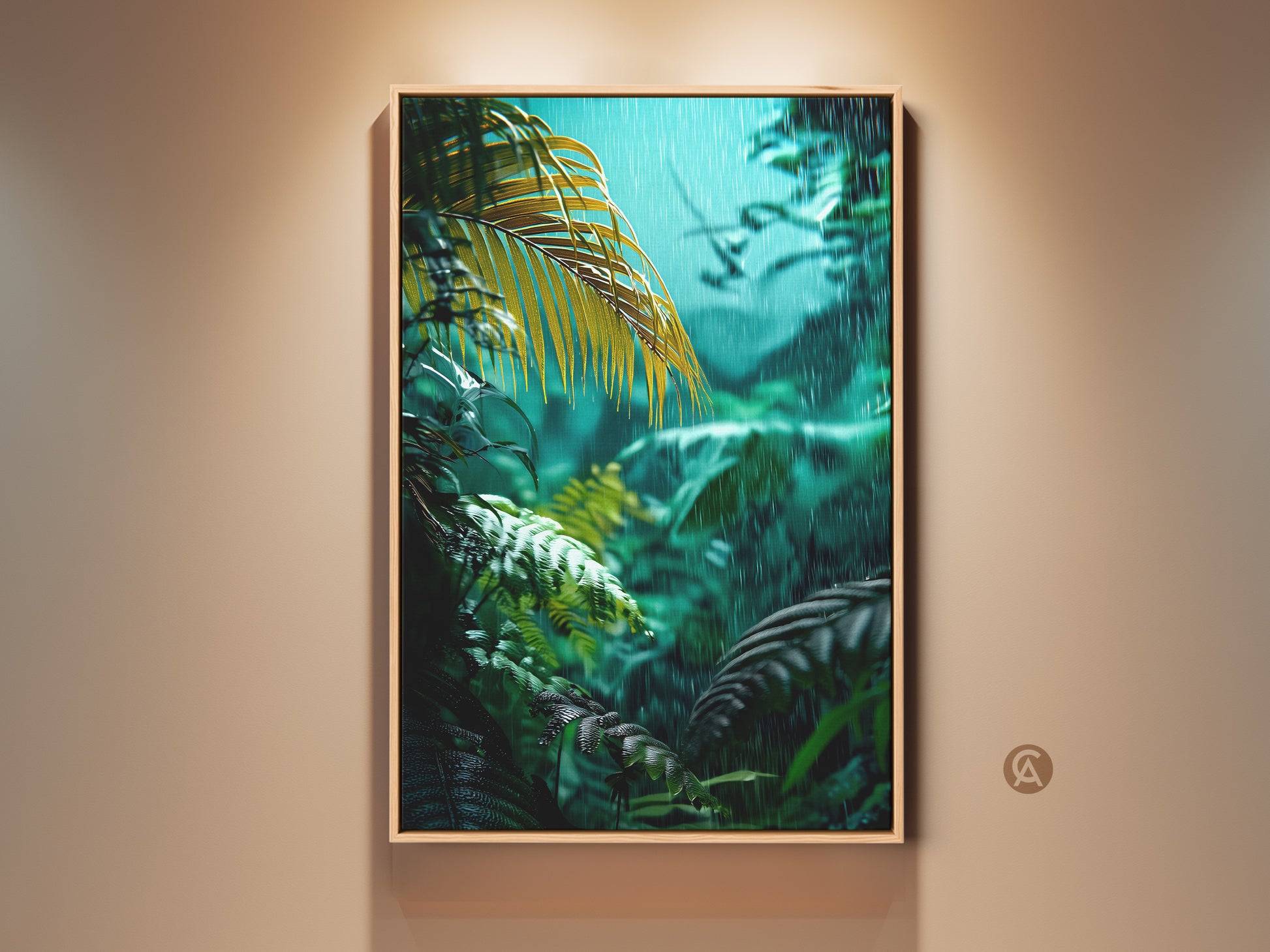 Framed emerald rainforest canvas art. This botanical artwork features tropical fern and palm leaves in a gentle rain. The organic modern piece is perfect for bedroom or living room decor. Add a touch of nature to your space with this lush wall art.