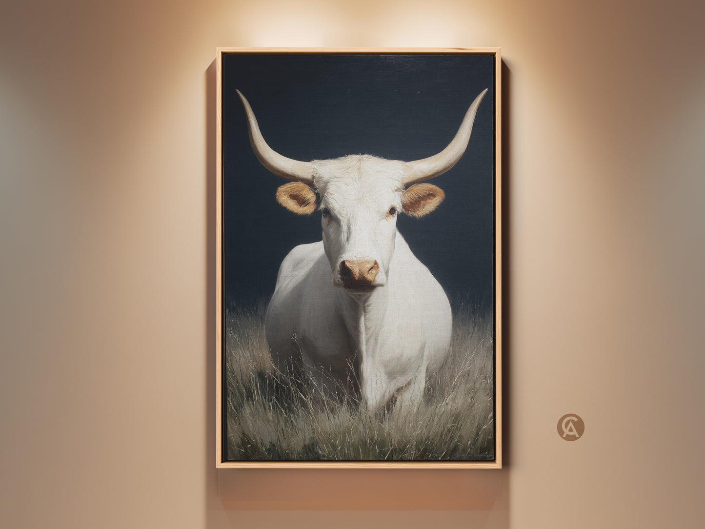 Stunning white longhorn cow canvas print. This farmhouse rustic wall art adds western animal charm to your bedroom or living room. The realistic cow portrait is set against a dark background. It's an ideal housewarming gift for country animal artwork lovers. A large wall art piece perfect for cattle ranch decor.