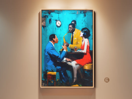Immerse yourself in the vibrant energy of this jazz club artwork. A pianist in a blue suit plays as a saxophonist in yellow wails. A woman in red completes the scene. This artwork captures the soulful essence of live jazz music. Perfect for music lovers art collectors and home decor.
