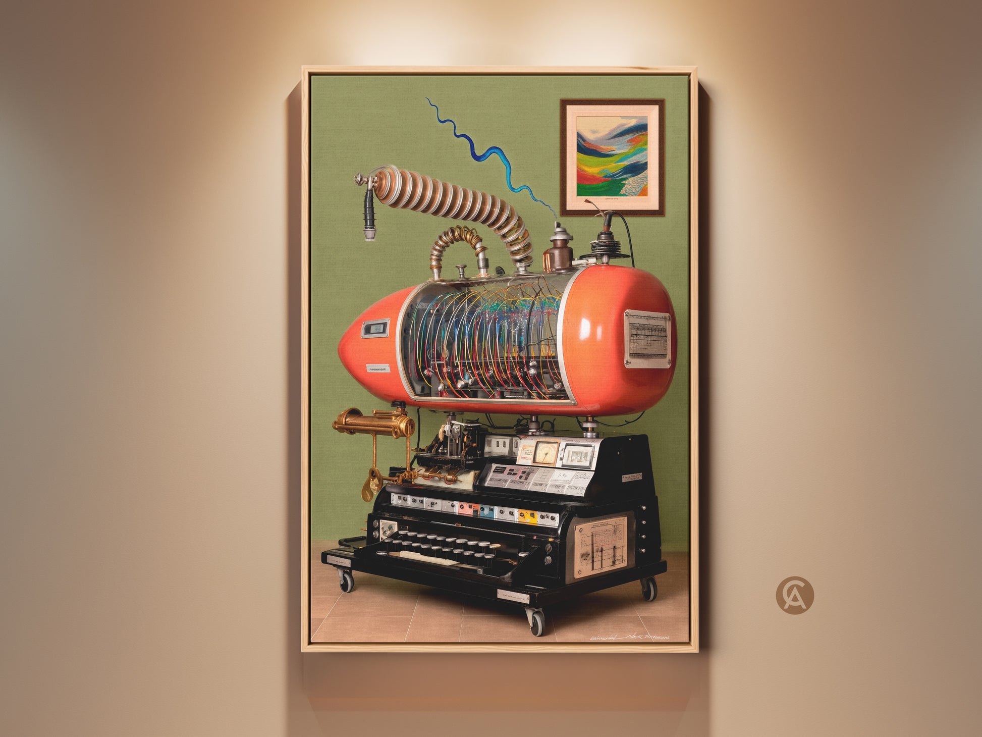 Framed steampunk invention wall art canvas. Abstract gears artwork in retrofuturism style. A unique office gift idea. The industrial machine art creates an eclectic home decor piece. A must-have man cave wall hanging.