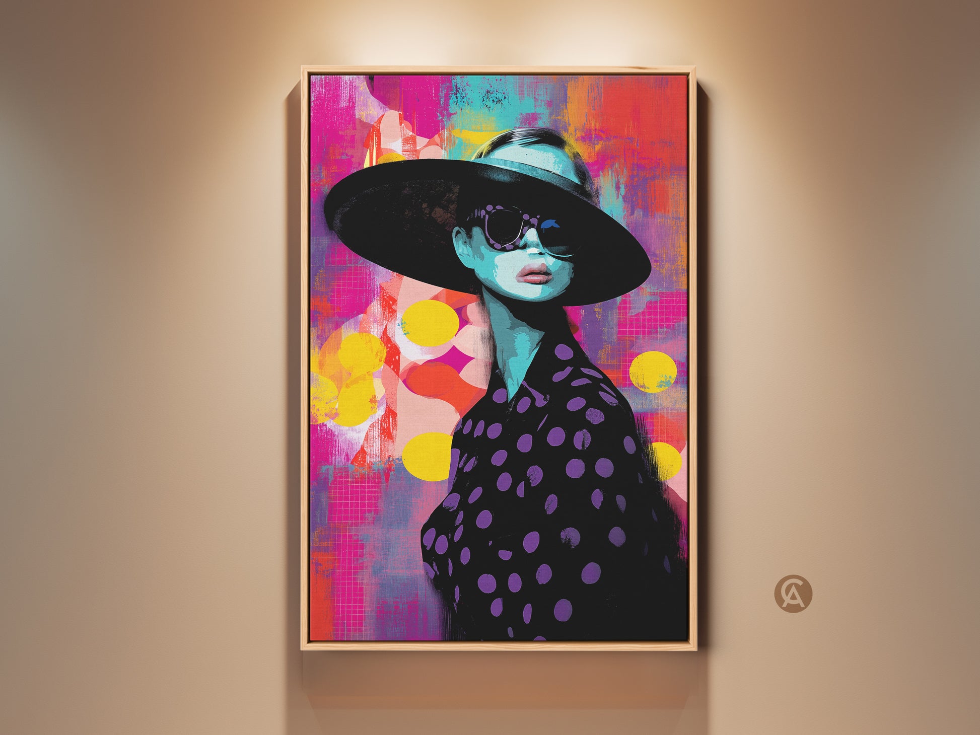 Framed abstract fashion wall art. A pop art woman portrait in turquoise yellow and pink tones. Chic woman with hat artwork is showcased in a wood frame. Perfect artistic home office decor.
