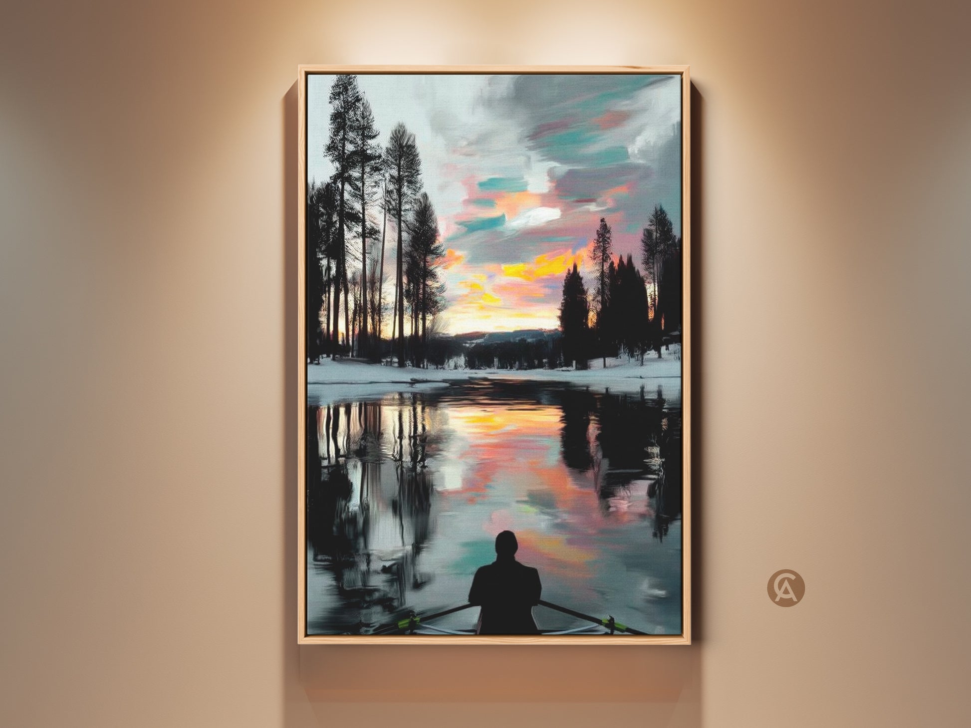 Experience tranquility with this canvas print. It features a rowboat on calm waters during a winter sunset. The impressionistic artwork uses teal and orange tones. It is perfect as Scandinavian wall decor and a unique housewarming gift.