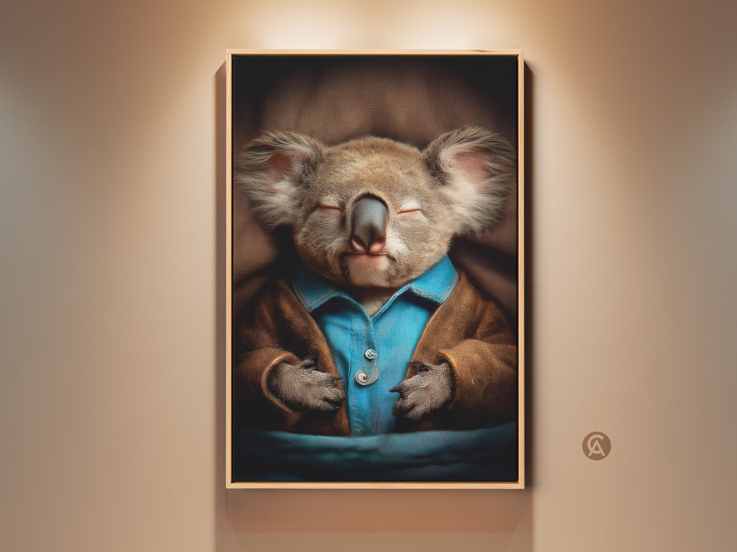Framed Sleeping Koala Art Print. This wall decor shows a realistic animal wearing cozy pajamas. The warm brown and calming blue palette adds an eclectic style to a nursery or bedroom. It's a heartwarming gift idea for new parents or any animal lover looking to add a touch of sweetness to their home.
