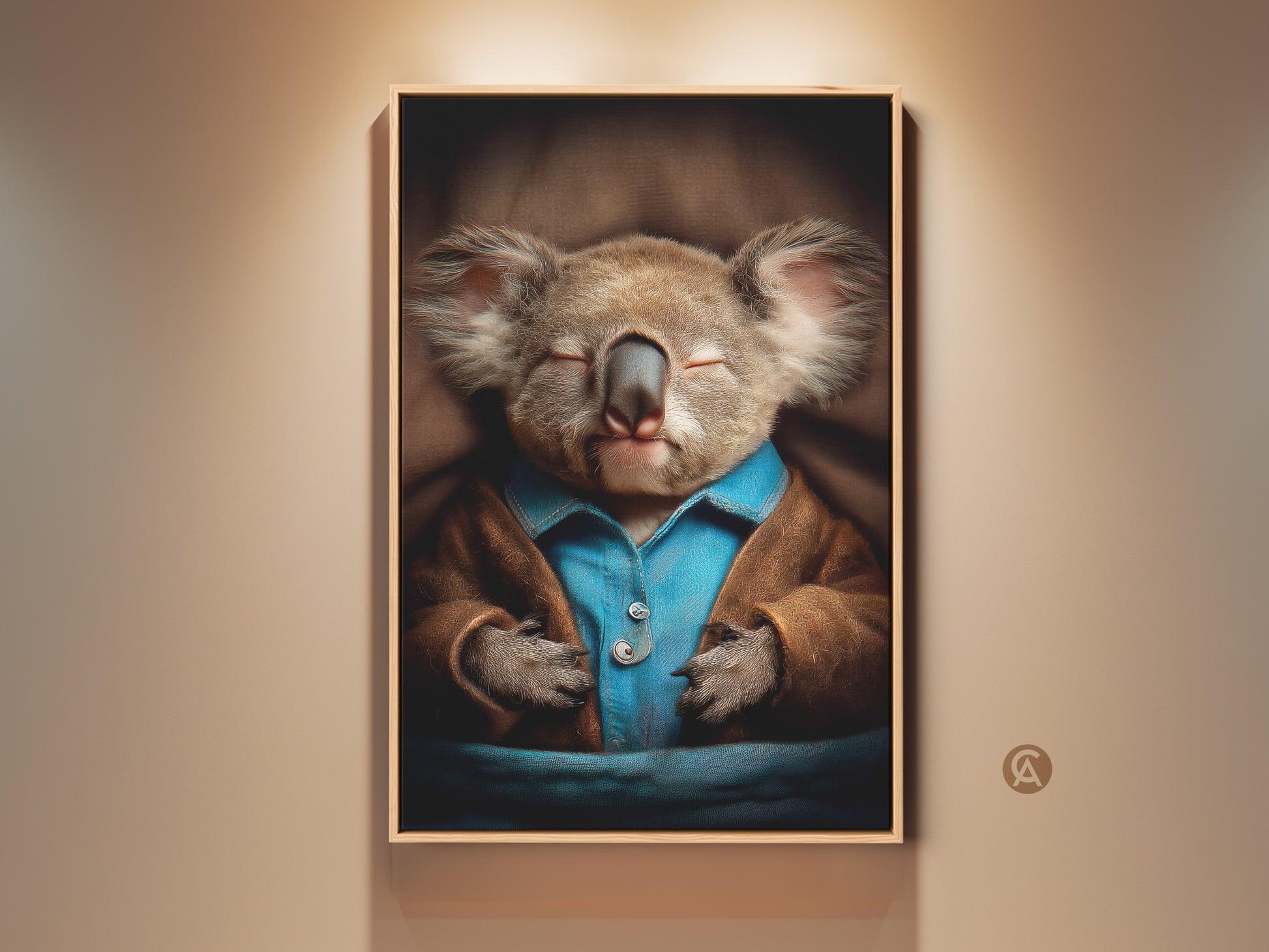 Framed Sleeping Koala Art Print. This wall decor shows a realistic animal wearing cozy pajamas. The warm brown and calming blue palette adds an eclectic style to a nursery or bedroom. It's a heartwarming gift idea for new parents or any animal lover looking to add a touch of sweetness to their home.