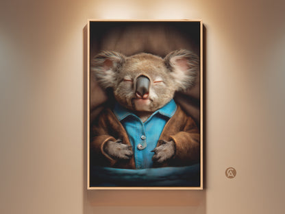 Framed Sleeping Koala Art Print. This wall decor shows a realistic animal wearing cozy pajamas. The warm brown and calming blue palette adds an eclectic style to a nursery or bedroom. It's a heartwarming gift idea for new parents or any animal lover looking to add a touch of sweetness to their home.