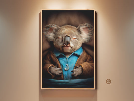 Framed Sleeping Koala Art Print. This wall decor shows a realistic animal wearing cozy pajamas. The warm brown and calming blue palette adds an eclectic style to a nursery or bedroom. It's a heartwarming gift idea for new parents or any animal lover looking to add a touch of sweetness to their home.