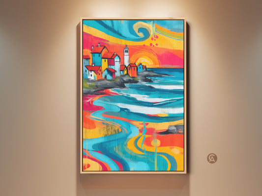 Framed Colorful Village Canvas Art. This abstract coastal landscape print features teal hot pink and orange art. This eclectic beach home decor brings a vibrant touch. The artwork is a perfect travel themed wall art for a housewarming gift.