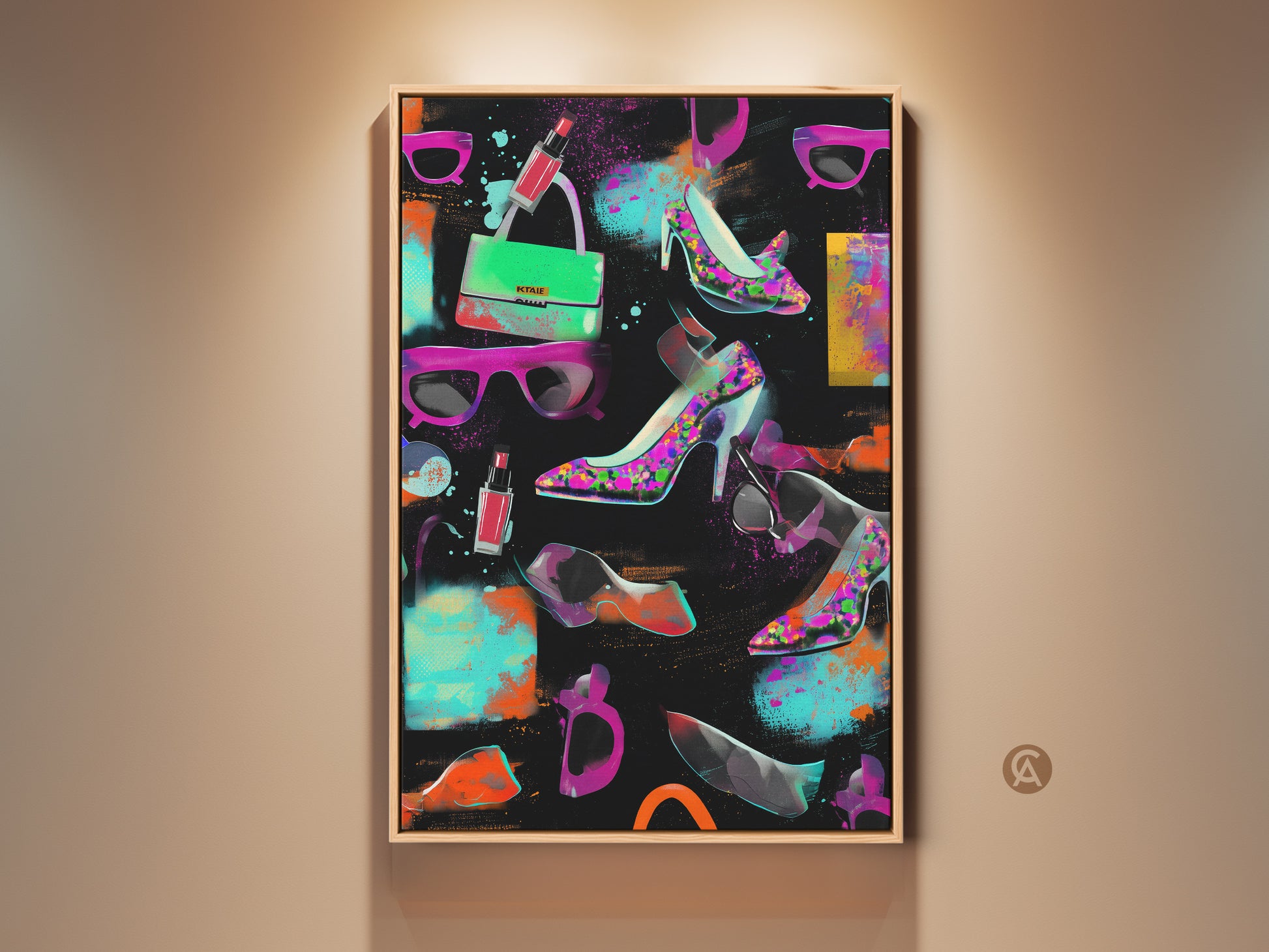 Vibrant pop art canvas print featuring graffiti-style high heels. A handbag and lipstick add glam to any room. The magenta orange and teal hues burst against a black background. A perfect statement piece for fashionistas. Ideal birthday gift for accessory lovers.