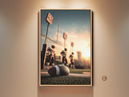 American Football Canvas Print for sports enthusiasts. Features a football on a golden hour field. Perfect sports bar or man cave wall art. Ideal gift for football fans. The artwork captures game day excitement. A great addition to any sports-themed decor.