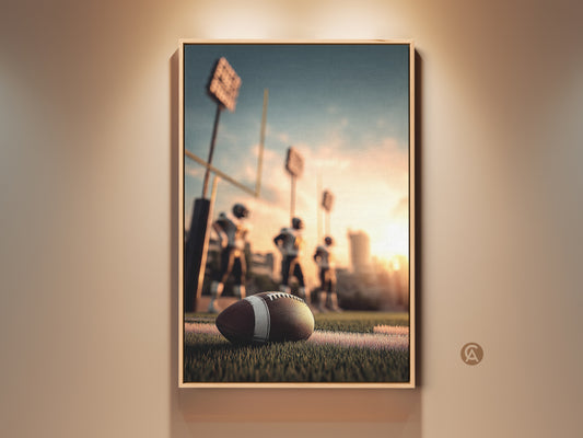 American Football Canvas Print for sports enthusiasts. Features a football on a golden hour field. Perfect sports bar or man cave wall art. Ideal gift for football fans. The artwork captures game day excitement. A great addition to any sports-themed decor.