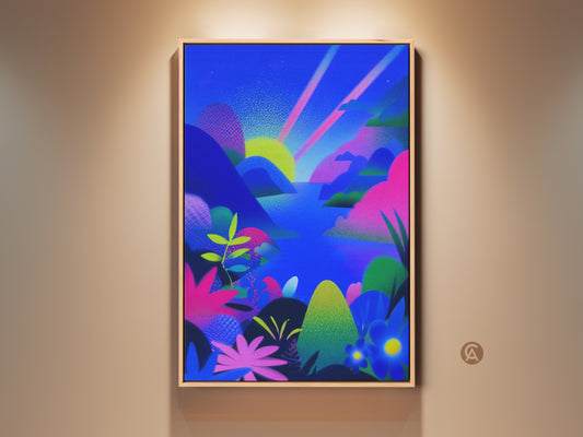 Framed fantasy abstract landscape art in a living room setting. Blue green and pink hues create a serene sunset over mountains. This canvas wall art adds eclectic decor to any bedroom or living room. A unique gift for nature and art lovers. Modern home artwork at its finest.