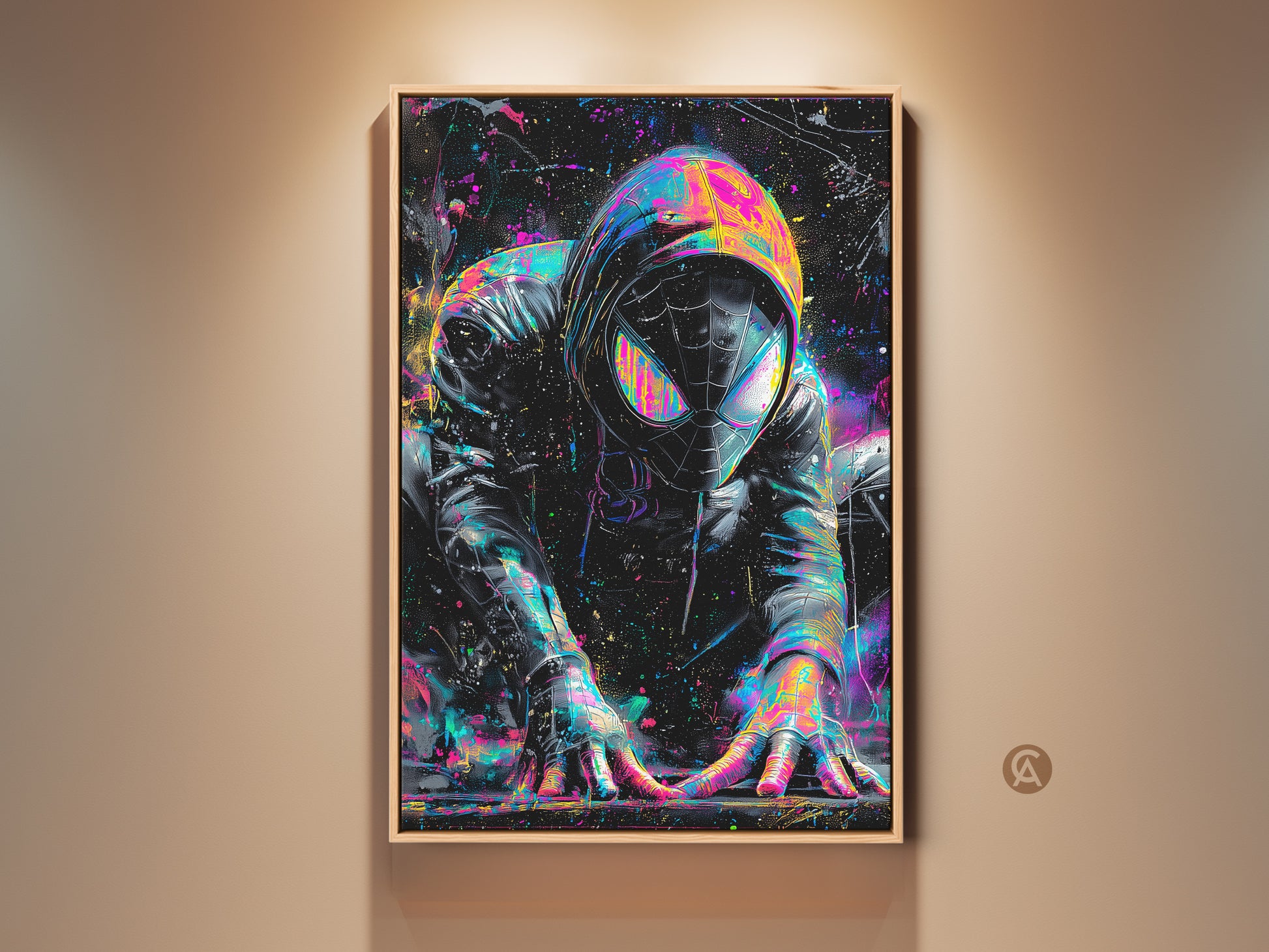 Modern wall art of a comic book superhero. This framed artwork features a vibrant splash art style. The superhero is crouched and ready for action. Perfect comic book art for a kids room or home theater.
