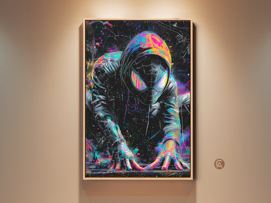 Modern wall art of a comic book superhero. This framed artwork features a vibrant splash art style. The superhero is crouched and ready for action. Perfect comic book art for a kids room or home theater.