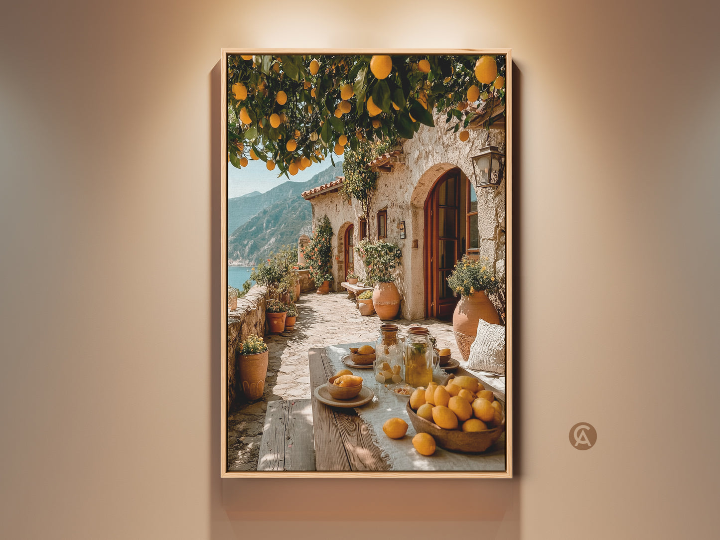 Coastal Italian Villa art print showcases a Mediterranean lemon tree landscape. The artwork is perfect dining room wall decor. It also makes a thoughtful housewarming gift. The art features vibrant yellows blues and terracotta tones bringing rustic charm.