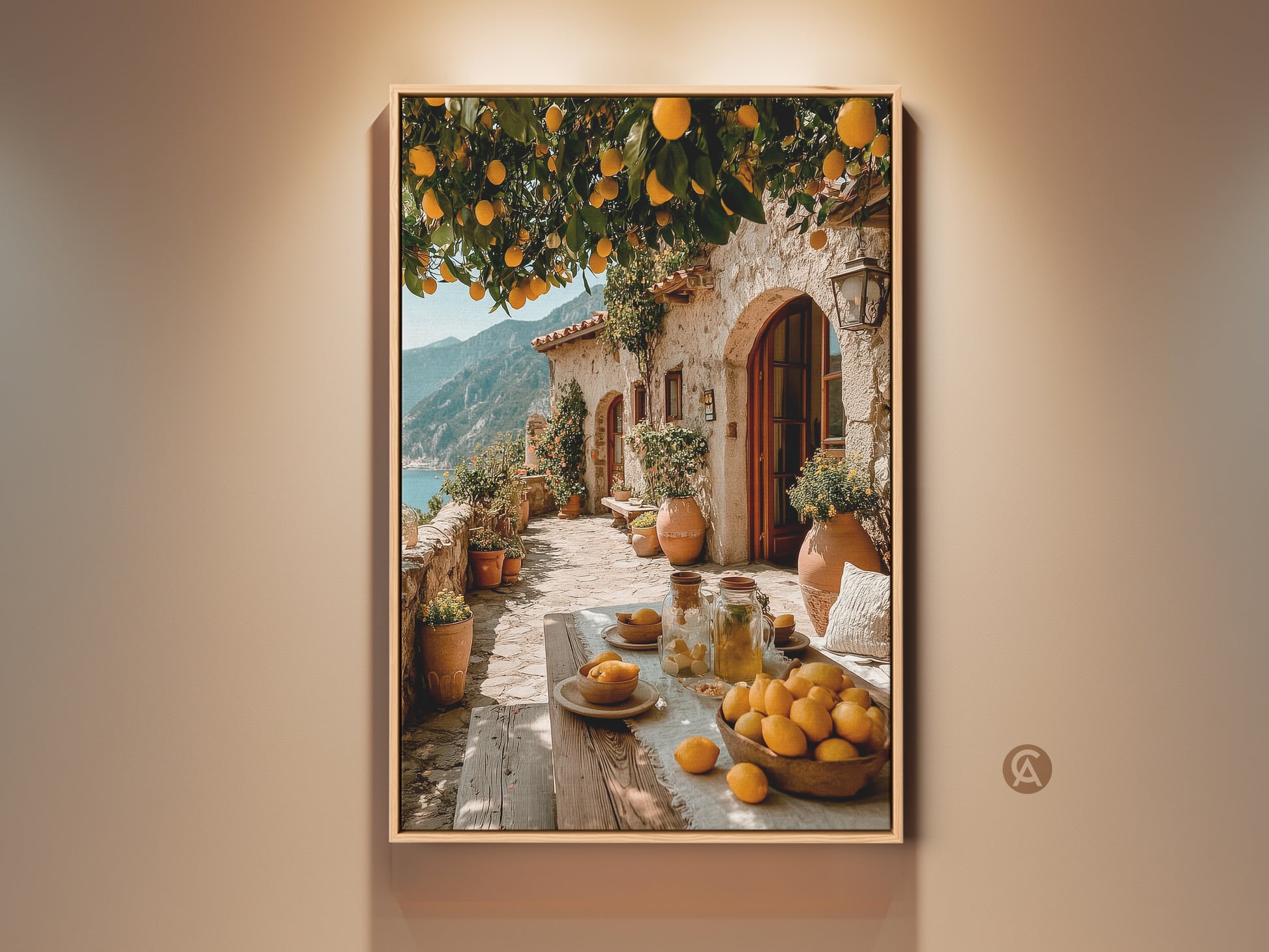 Coastal Italian Villa art print showcases a Mediterranean lemon tree landscape. The artwork is perfect dining room wall decor. It also makes a thoughtful housewarming gift. The art features vibrant yellows blues and terracotta tones bringing rustic charm.