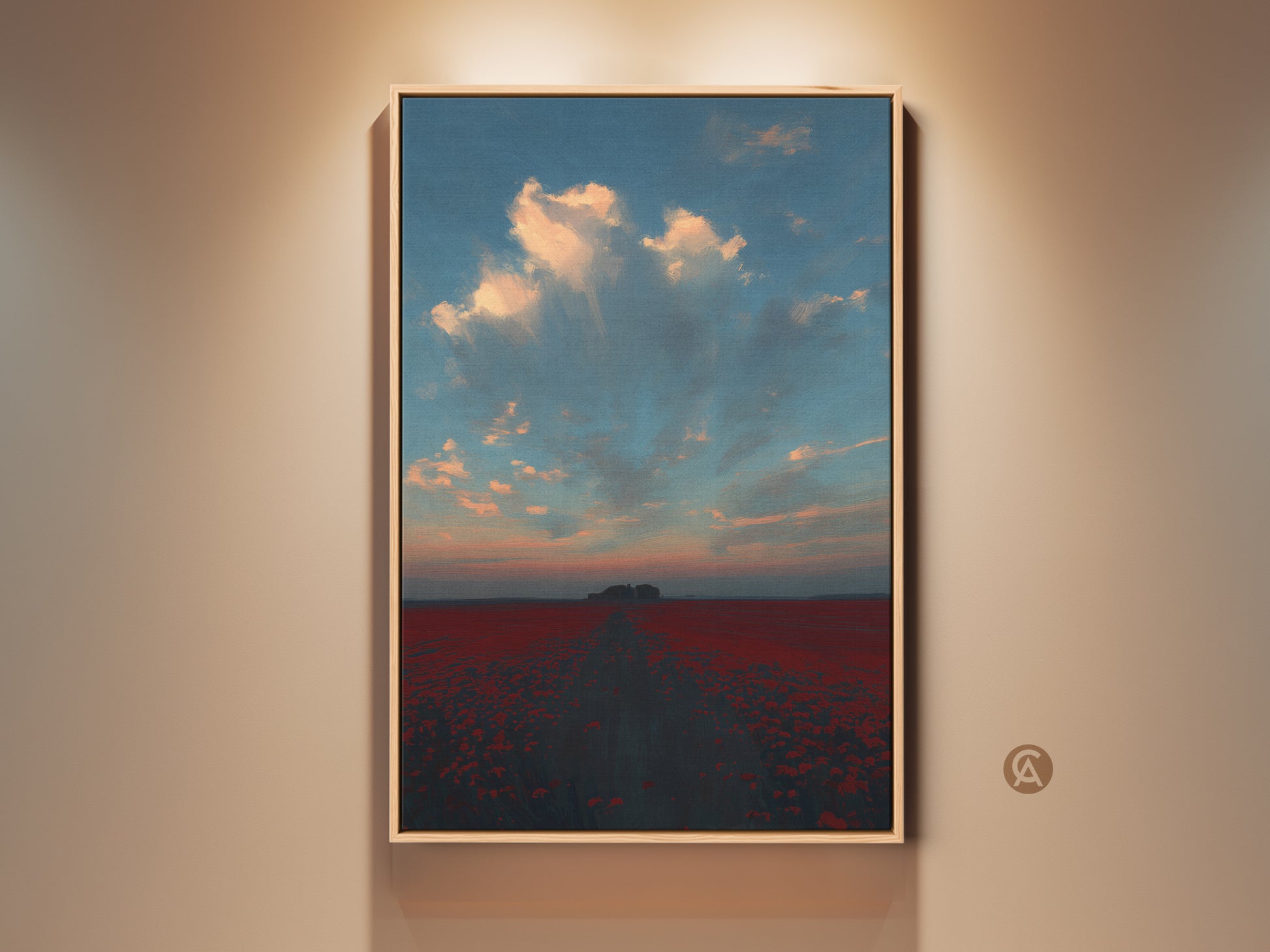 Impressionistic poppy field canvas print displayed in a room. The romantic landscape wall art features a red floral nature print. This sunset sky clouds artwork will elevate your contemporary bedroom decor. This nature lover gift idea is a fine art landscape.
