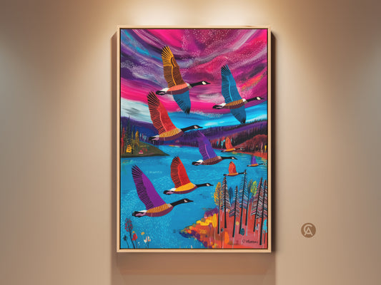 Framed Canada Geese Art Print. A flock of geese flies over a colorful landscape. The artwork features blues pinks and purples. It's modern folk art suitable for eclectic home decor. This nature-inspired art makes a unique gift for bird watchers.
