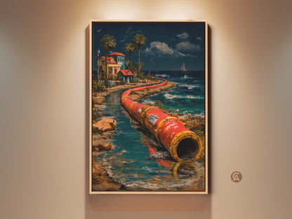 Surreal industrial pipeline canvas artwork. A unique seascape art print featuring an ocean view with a red pipeline. This coastal office wall decor makes a unique housewarming gift. The red orange teal artwork creates a striking home accent.