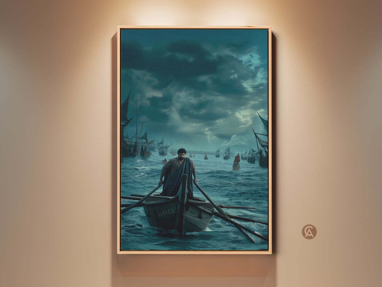 Ocean Blue Canvas Print features a man rowing a boat near sailing ships. Nautical maritime artwork perfect for adding adventure to a traditional study room. A thoughtful gift for history buffs. Deep blues and dark teals enhance this classic nautical scene.