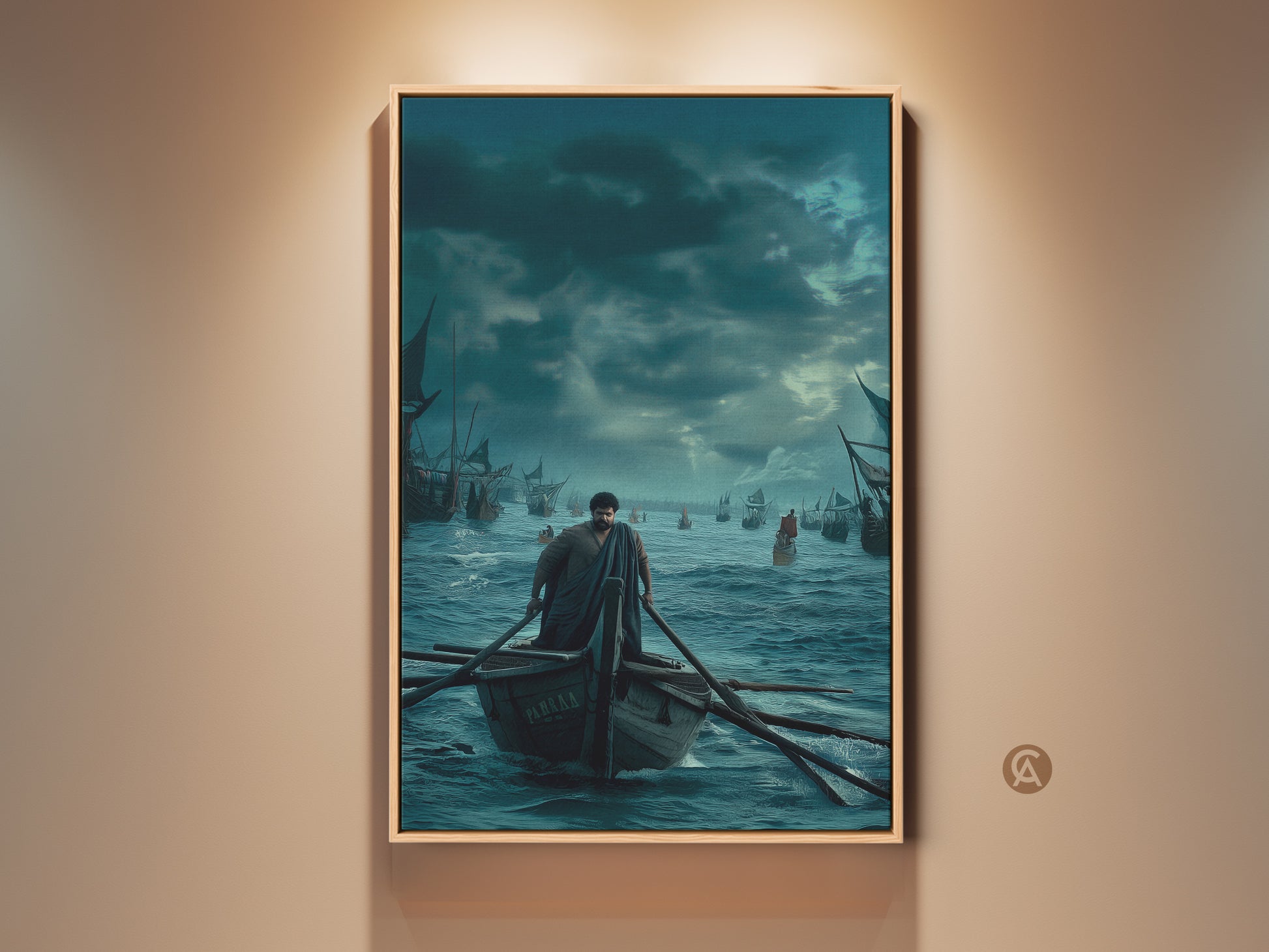 Ocean Blue Canvas Print features a man rowing a boat near sailing ships. Nautical maritime artwork perfect for adding adventure to a traditional study room. A thoughtful gift for history buffs. Deep blues and dark teals enhance this classic nautical scene.