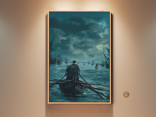Ocean Blue Canvas Print features a man rowing a boat near sailing ships. Nautical maritime artwork perfect for adding adventure to a traditional study room. A thoughtful gift for history buffs. Deep blues and dark teals enhance this classic nautical scene.