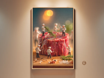 Framed artwork of miniature chefs preparing a giant steak. The chefs are standing on and around the steak. Rosemary and spices add flavor. A bokeh light effect is visible in the background. This culinary art piece adds a unique touch to any kitchen or dining area decor