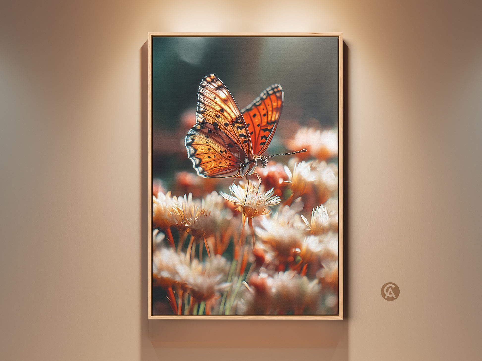 Boho orange butterfly artwork on canvas. Realistic macro photography brings nature indoors. A perfect nature lover's gift. The insect and flower print complements boho bedroom decor. Warm tones create an inviting ambiance.