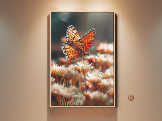 Boho orange butterfly artwork on canvas. Realistic macro photography brings nature indoors. A perfect nature lover's gift. The insect and flower print complements boho bedroom decor. Warm tones create an inviting ambiance.