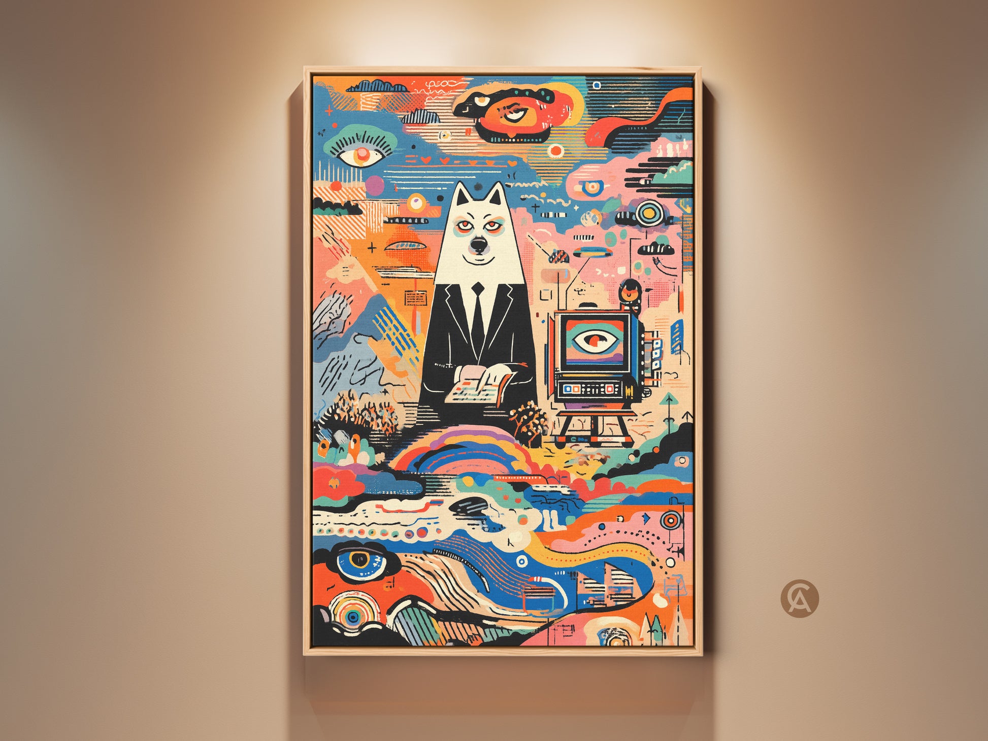 Framed abstract dog artwork. This unique art features a dog in a suit. It has a vibrant folk art background. The colorful artwork adds a modern eclectic touch to any office or home decor.