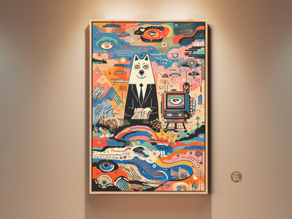 Framed abstract dog artwork. This unique art features a dog in a suit. It has a vibrant folk art background. The colorful artwork adds a modern eclectic touch to any office or home decor.