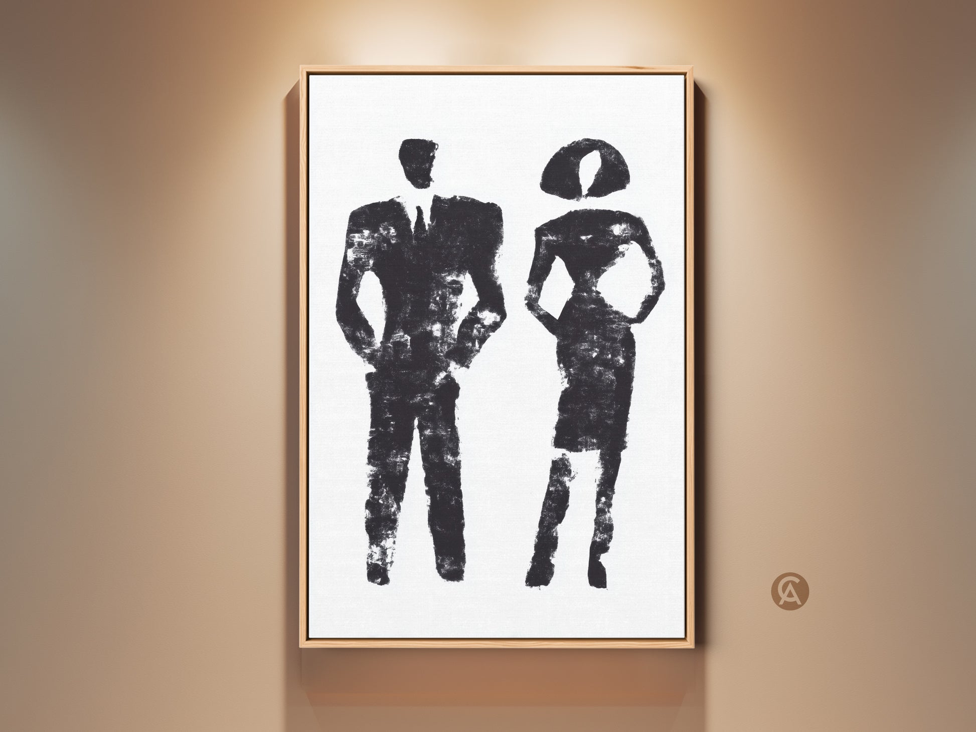Stretched Canvas featuring minimalist abstract man and woman artwork. This black and white contemporary canvas art is perfect for modern office decor. It's a stylish business gift that adds sophistication to any space.