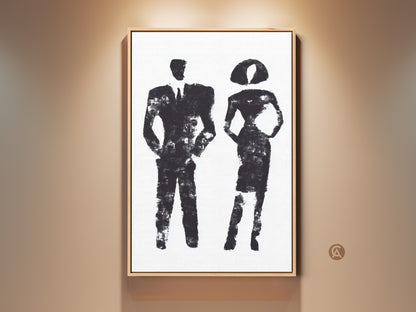 Stretched Canvas featuring minimalist abstract man and woman artwork. This black and white contemporary canvas art is perfect for modern office decor. It's a stylish business gift that adds sophistication to any space.