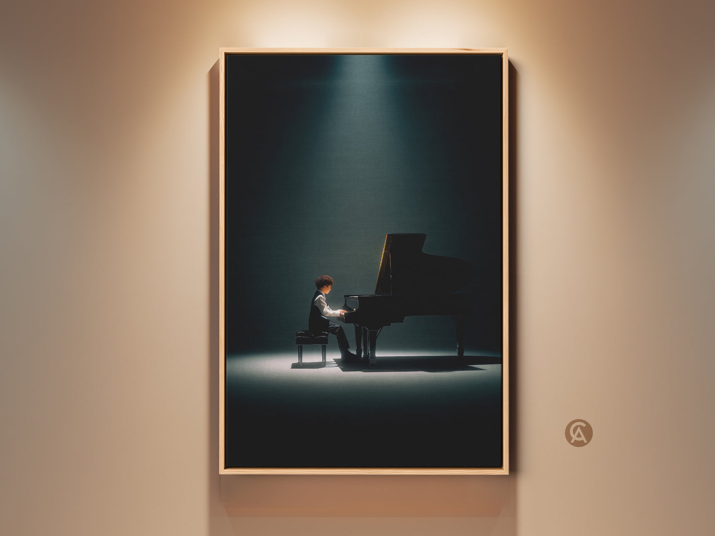 Framed artwork of a pianist performing under a spotlight. This art piece adds elegance to any room. Shop for museum-quality canvas prints and posters. It is ready to hang and enjoy.