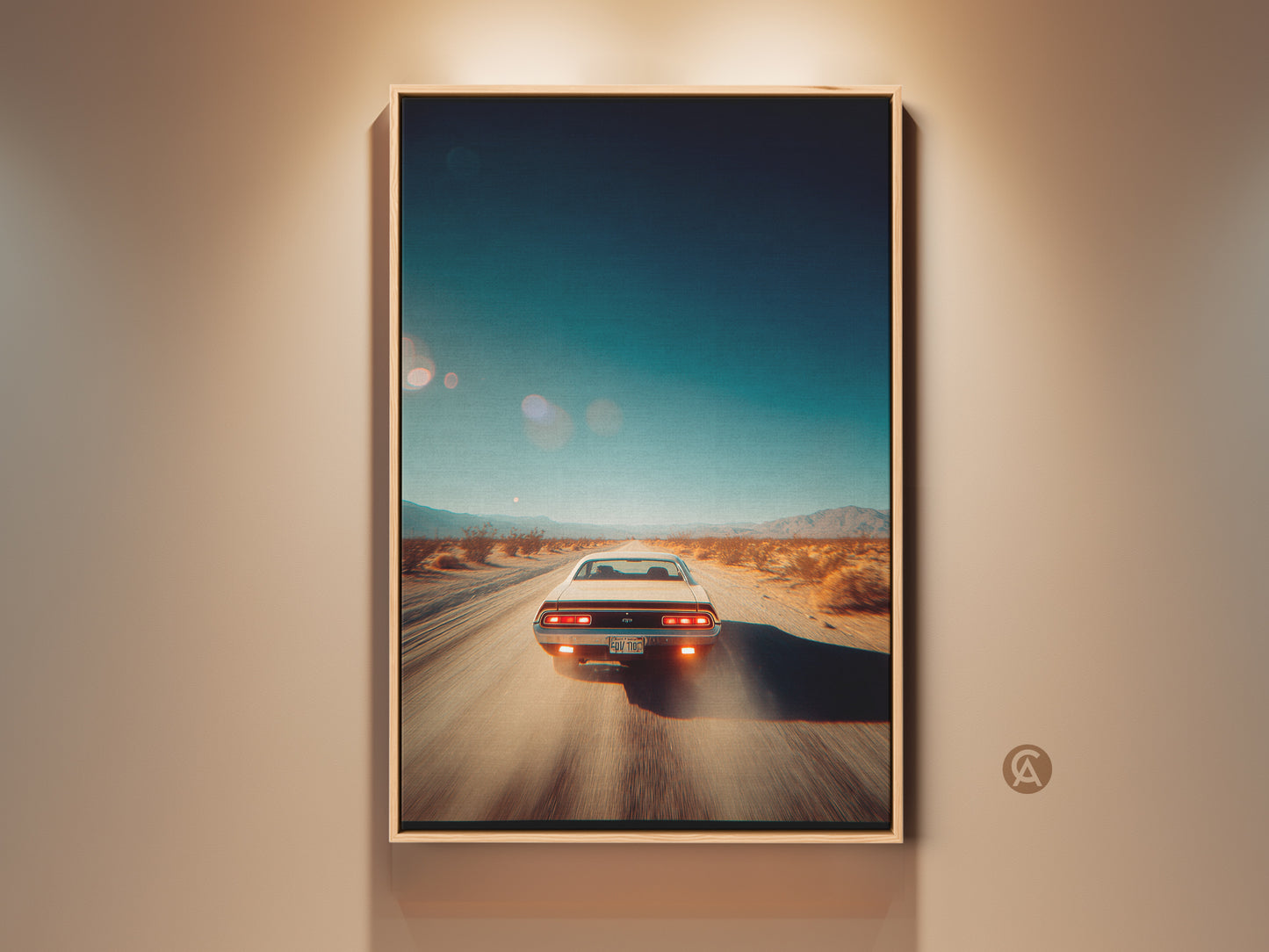 Framed Poster art of a vintage car speeding down a desert highway. The artwork has a blue sky and a retro aesthetic.  This framed artwork is perfect for car enthusiasts. Add a touch of nostalgia to your home decor with this framed art piece.