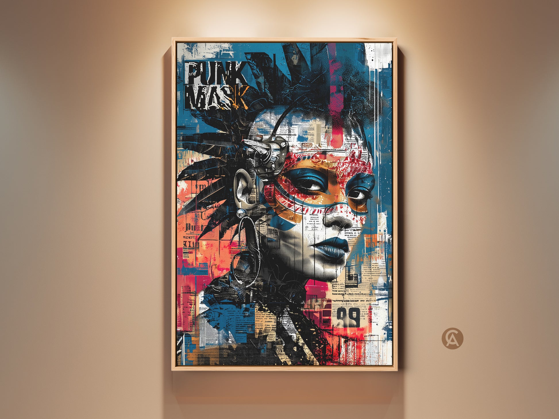 Framed graffiti art print featuring a striking punk mask portrait. The artwork has an urban street art vibe with blue black and red accents. Eclectic decor for music lovers or edgy art collectors. This unique piece brings a bold alternative vibe to any bedroom or office space. A perfect birthday gift for a musician.