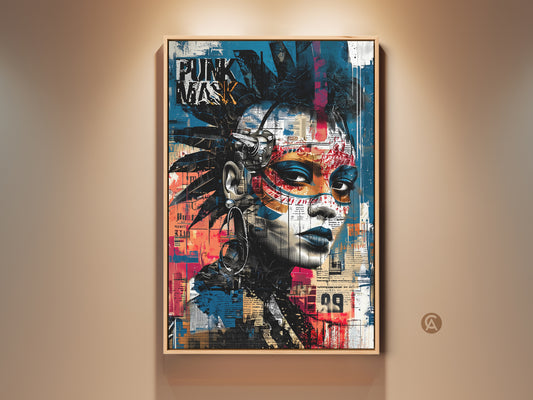 Framed graffiti art print featuring a striking punk mask portrait. The artwork has an urban street art vibe with blue black and red accents. Eclectic decor for music lovers or edgy art collectors. This unique piece brings a bold alternative vibe to any bedroom or office space. A perfect birthday gift for a musician.