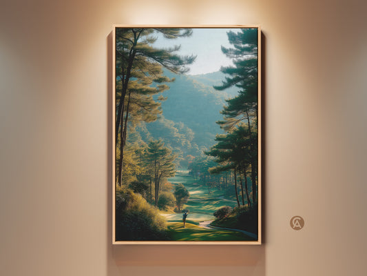 Framed golf course artwork brings nature indoors. A golfer stands on the green fairway. This fine art print adds a sophisticated touch. The wall art enhances any room with a scenic landscape. Perfect for golf enthusiasts seeking home decor.