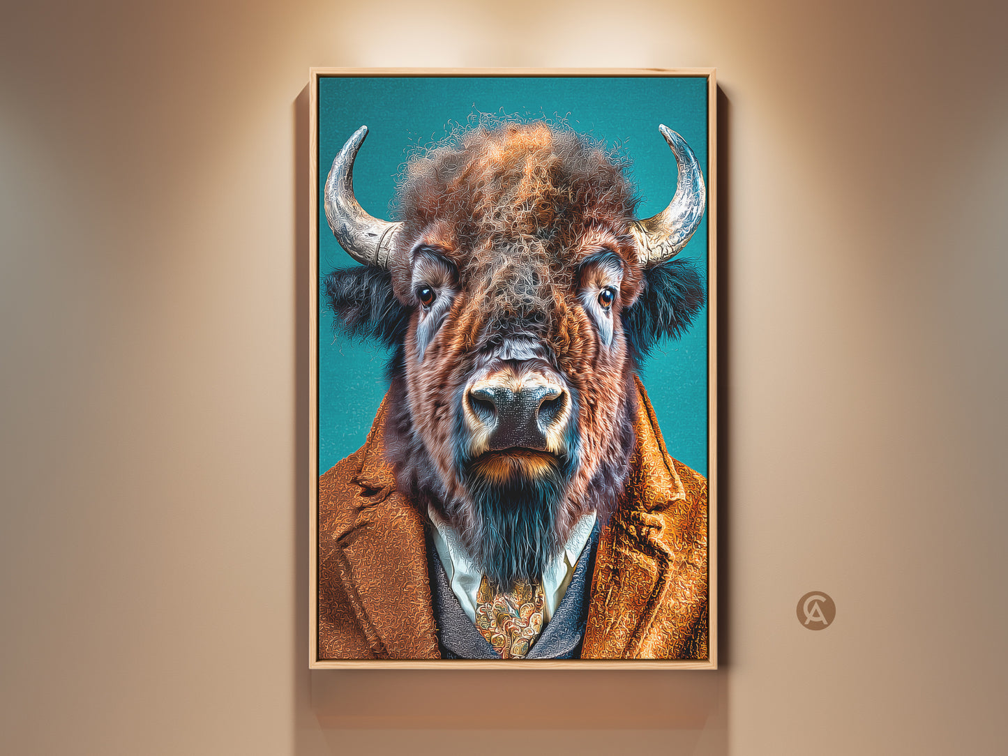 Gallery artwork featuring a distinguished buffalo in a suit. This animal art is framed with a natural wood finish. The artwork adds a touch of humor and sophistication to any room. Perfect wall decor for animal lovers and art collectors alike.