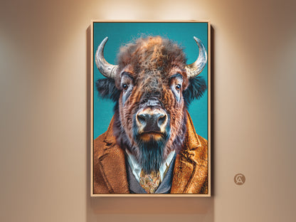 Gallery artwork featuring a distinguished buffalo in a suit. This animal art is framed with a natural wood finish. The artwork adds a touch of humor and sophistication to any room. Perfect wall decor for animal lovers and art collectors alike.