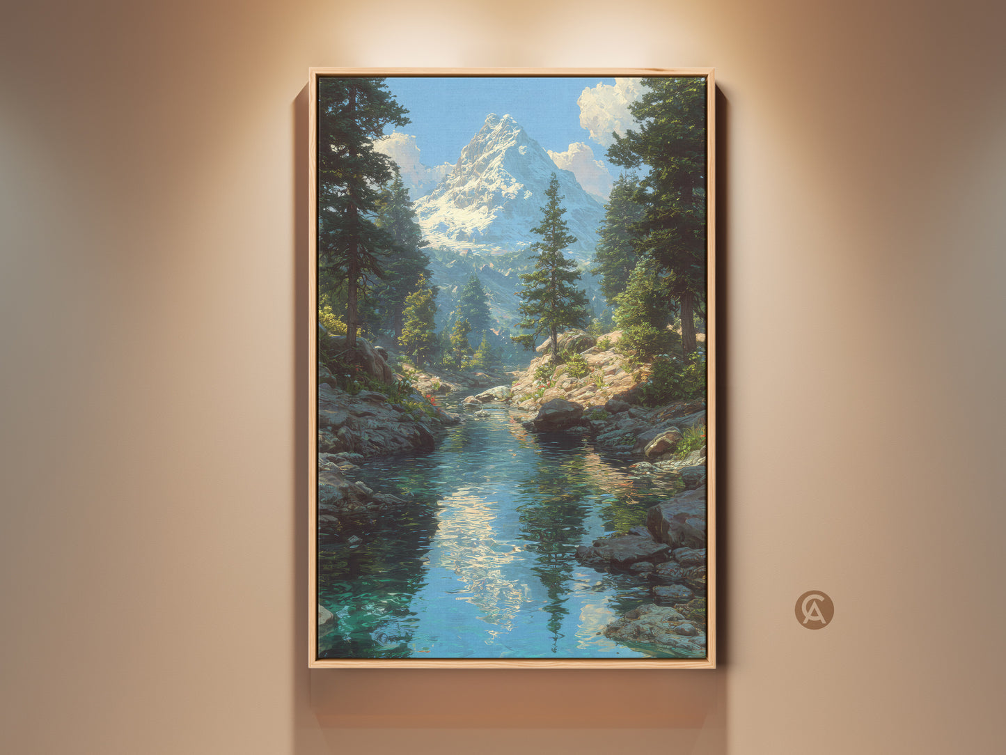 Framed snowy mountain river canvas art brings nature indoors. This traditional artwork features a snow-capped mountain with pine trees. It's a blue and green nature print perfect for rustic home decor. Ideal for living rooms or bedrooms. A serene landscape painting offering a calming view.