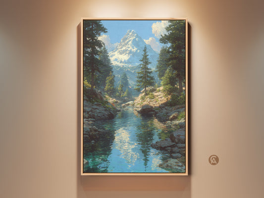 Framed snowy mountain river canvas art brings nature indoors. This traditional artwork features a snow-capped mountain with pine trees. It's a blue and green nature print perfect for rustic home decor. Ideal for living rooms or bedrooms. A serene landscape painting offering a calming view.