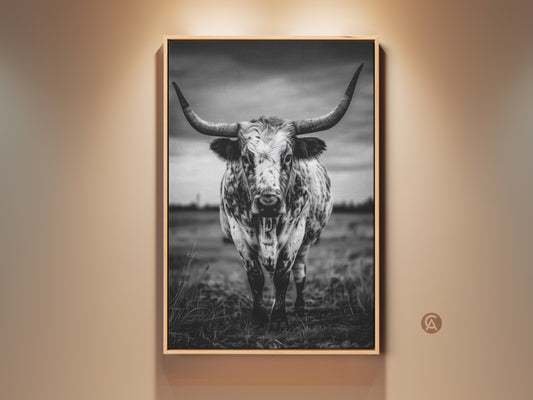Dramatic black and white longhorn canvas print framed in natural wood. The rustic cow artwork brings a touch of Texas animal decor to any space. Its a striking entryway statement piece. The monochrome palette will complement farmhouse or modern interiors making it a versatile addition to your home or office.