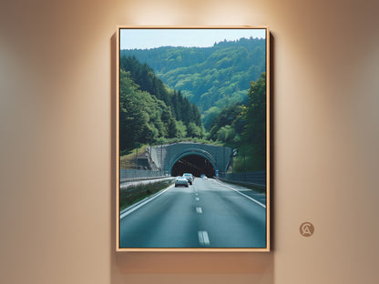 Green Forest Tunnel Art Print in a frame. This realistic car photography canvas shows a contemporary travel landscape. Road trip decor for automotive enthusiasts. Blue and teal wall decor is a unique travel gift. Perfect hallway art decor. A scenic nature print for modern home art.