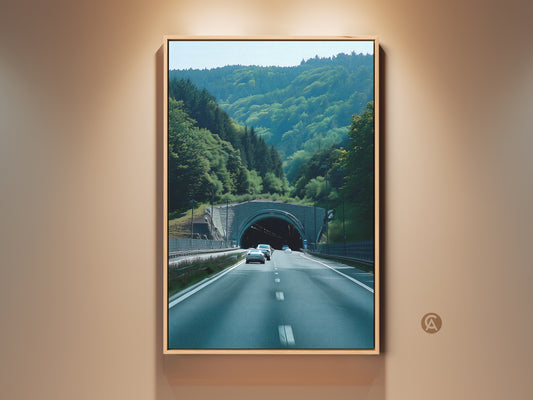 Green Forest Tunnel Art Print in a frame. This realistic car photography canvas shows a contemporary travel landscape. Road trip decor for automotive enthusiasts. Blue and teal wall decor is a unique travel gift. Perfect hallway art decor. A scenic nature print for modern home art.